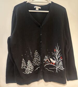 CJ Banks Christmas Sweater Cardigan Size 1X  Black Button Front Winter Scene